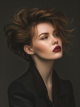 Stylish Windblown Haircut and Bold Lip Color on Elegant Model