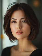 Naklejka premium Chic Brunette with Bob Haircut in Elegant Black Attire