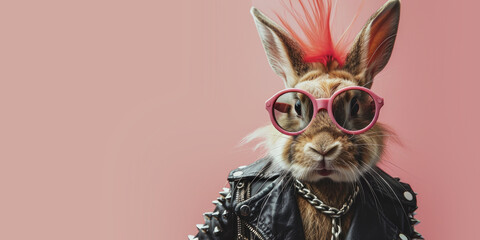 Punk Rock Easter Bunny with a Mohawk on a Pink Background - obrazy, fototapety, plakaty