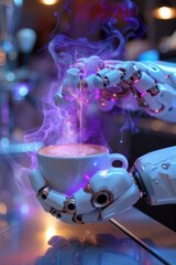 A robot barista crafting espresso, steam forming bright lavender shapes