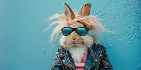 Punk Rock Easter Bunny on a Blue Background - obrazy, fototapety, plakaty