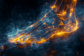Fiery conceptual artwork of a foot with glowing bones, Concept of podiatry, pain, sports medicine, and internal anatomy visualization - obrazy, fototapety, plakaty