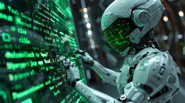 A robot coding with bright green algorithms on a digital interface