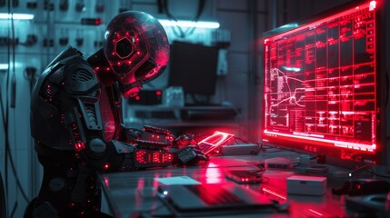 A robot tracing bright red scam emails in a digital forensics lab