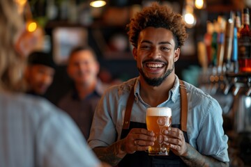 Barman with bright smile serving craft beer at a lively pub, Concept of hospitality, small business, and modern urban lifestyle - obrazy, fototapety, plakaty