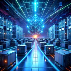 virtual reality simulation of a futuristic data center, with streams of binary code and glowing nodes interlinking in a vast digital network 