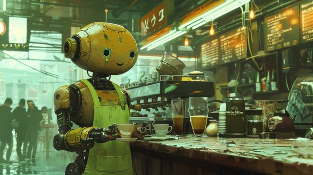 A robot serving coffee in a neon-green apron, smiling in a futuristic
