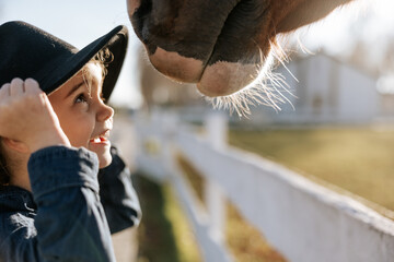 Small girl on a ranch with horses on sunny day