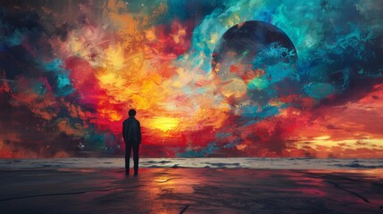 A street artist spray-painting a mural that comes alive with vivid, dynamic colors as the sun sets