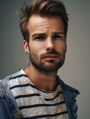 Men's hairstyles - Stylish Man with Beard in Jean Jacket and Striped Tee