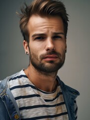 Obraz premium Men's hairstyles - Stylish Man with Beard in Jean Jacket and Striped Tee