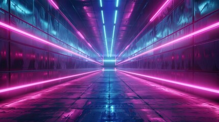 Bright Neon Pink and Blue Laser Lights in Abstract Tunnel, Futuristic 3D Rendering