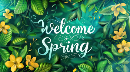 welcome spring with vibrant flowers and leaves - obrazy, fototapety, plakaty