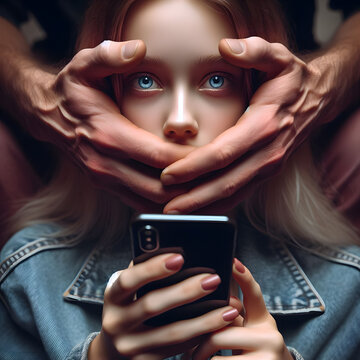 In the photo created by artificial intelligence, a young girl's mouth is covered by  hand while she is busy on her phone. It symbolizes the experience of many young people enslaved by social media