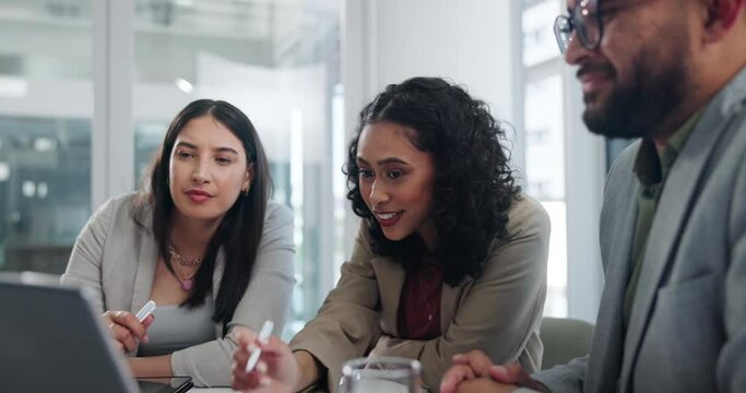 Coworking, talking and partnership in office with laptop, smile and pen for planning or brainstorming. Discussion, collaboration and employees or staff working on project with technology for company