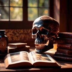 Macabre occult scene with book of dark magic and evil skull
