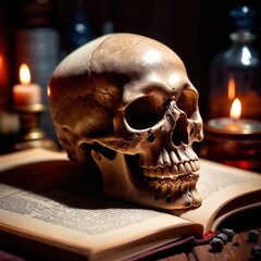 Macabre occult scene with book of dark magic and evil skull - 760950535