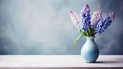 Blooming purple hyacinths in a vase standing on the side. Empty background in a vintage, charming style. Generative AI