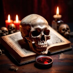 Macabre occult scene with book of dark magic and evil skull - obrazy, fototapety, plakaty