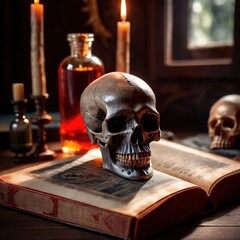 Macabre occult scene with book of dark magic and evil skull - 760950731