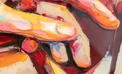 A fragment of the oil painting art. Art was painted with a palette knife and oil paints on round plywood.
