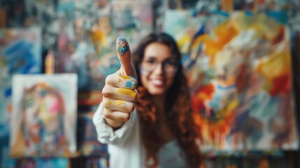 Thumbs up sign. Woman's hand shows like gesture. Art studio background
