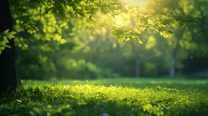 A serene dawn breaks as warm sunlight filters through the vibrant green leaves of a lush garden, heralding a new day - springtime background - Generative AI