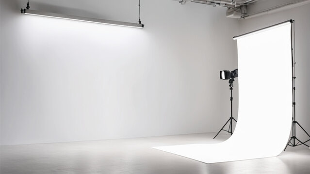 Photography studio with white background and lighting