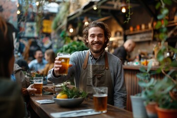 Smiling male barista serving craft beer in a bustling urban greenhouse pub, concept of small business and sustainable dining