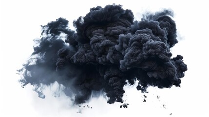 Explosive illustration of black smoke billowing against a pristine white background, capturing the volatile beauty of chaos - obrazy, fototapety, plakaty