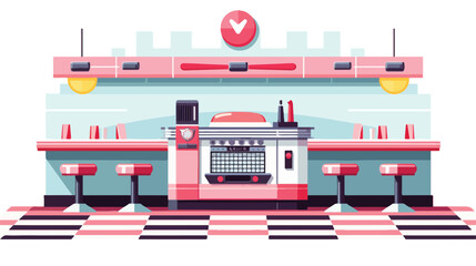 Retro-style diner with jukebox and checkered floori - obrazy, fototapety, plakaty