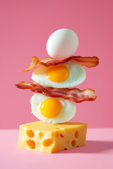 A stack of delicious pieces of bacon, eggs, and cheese on pink pastel background. Minimal food still life concept.	