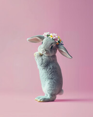 Cute little bunny with flower wreath on the head on pastel pink background. Abstract minimal Easter concept.	