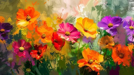 Vibrant spring flowers in an abstract impasto oil painting style, showcasing the beauty and texture of nature in a unique and expressive way, digital painting