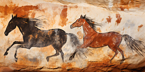 Prehistoric cave painting of horses.