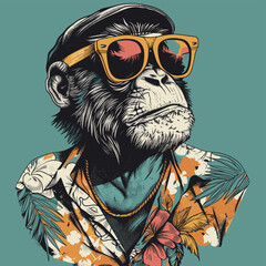 Monkey in sunglasses. Hand drawn vector illustration for t-shirt print.