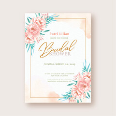 Bridal shower invitation with arrangement corner of rose flowers and brown splash watercolor