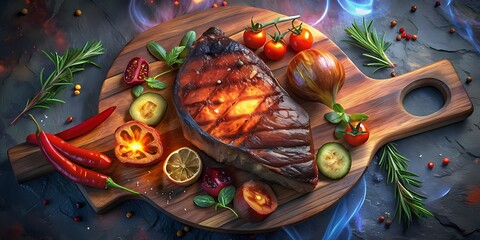 wooden cutting board decorated with steak and vegetables, tomato, zucchini, bell pepper
