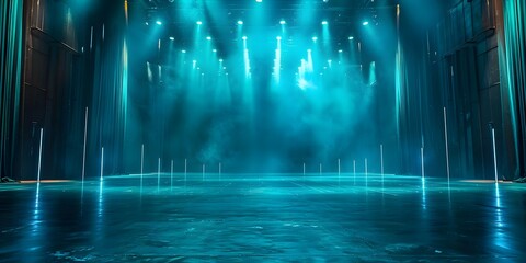 Energetic performance lighting on an empty stage with vibrant blue and green hues. Concept Stage Lighting, Vibrant Colors, Energetic Performance, Blue Hues, Green Hues