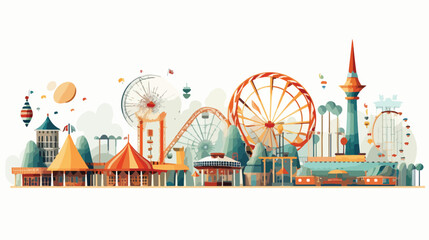 Retro amusement park with rides and attractions. fl - obrazy, fototapety, plakaty