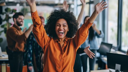 An engaging snapshot showcasing a group of professionals in an office, expressing joy and inclusivity as they welcome new members with open arms. - obrazy, fototapety, plakaty