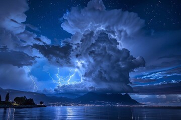 A lightning strike in the night sky over a mountain town and the sea