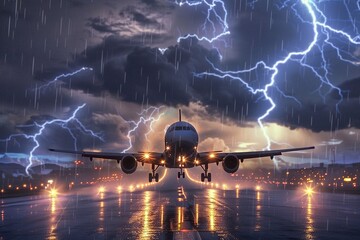 Airplane on the runway in the rain with lightning and thunder.