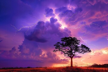 Stormy sky with lightning and tree in the meadow at sunset