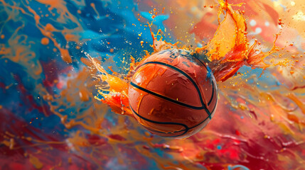 Basketball ball in motion with bright splashes on a red and blue background. A flaming dynamic basketball symbolizing energy. Competitive sports. Activity concept.