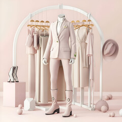  hanger and model with fashionable female clothes against pink background. conceptual digital artwork for branding and marketing fashion brands. Ai generated - 760955545