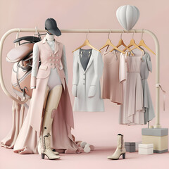  hanger with fashionable clothes against pink background. conceptual digital artwork for branding and marketing fashion brands. Ai generated - 760955546