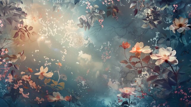 Fantasy vintage wallpaper adorned with an array of magical flowers