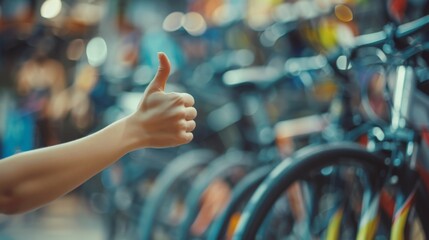 Thumbs up sign. Woman's hand shows like gesture. Bicycle shop background