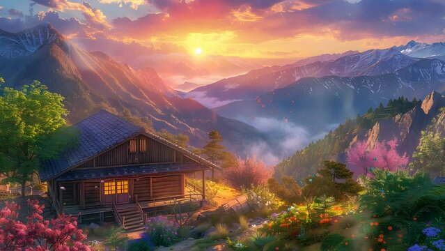 Charming mountain dwelling embraced by breathtaking scenery with winding path. Seamless Looping 4k Video Animation